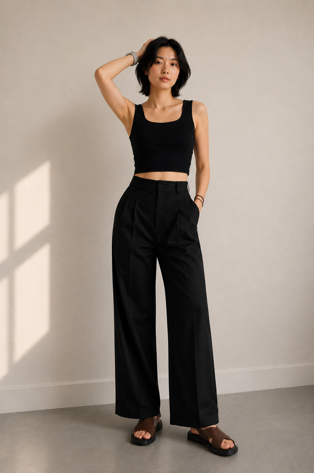 HIGH-WAISTED PLEATED PANTS IN BLACK