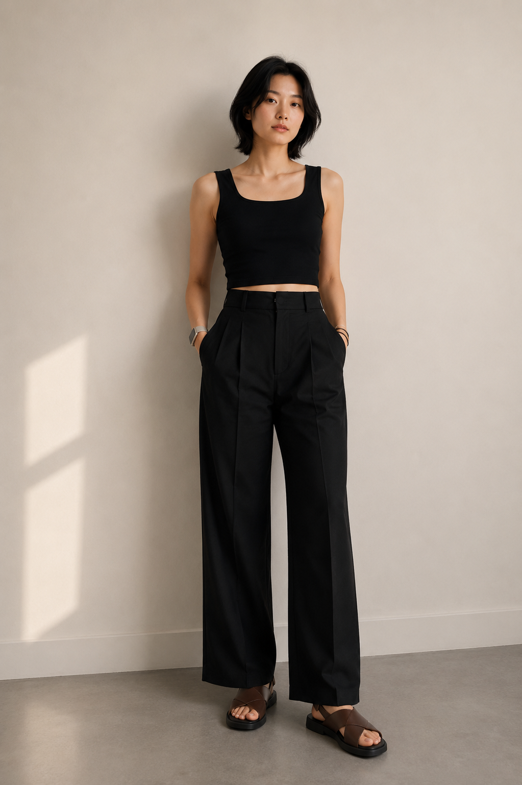 HIGH-WAISTED PLEATED PANTS IN BLACK